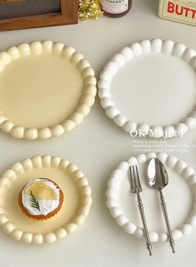 奶油风餐具珠点漂亮甜品盘陶瓷平盘浅盘精致下午茶点心盘蛋糕盘子
