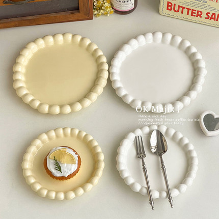 奶油风餐具珠点漂亮甜品盘陶瓷平盘浅盘精致下午茶点心盘蛋糕盘子