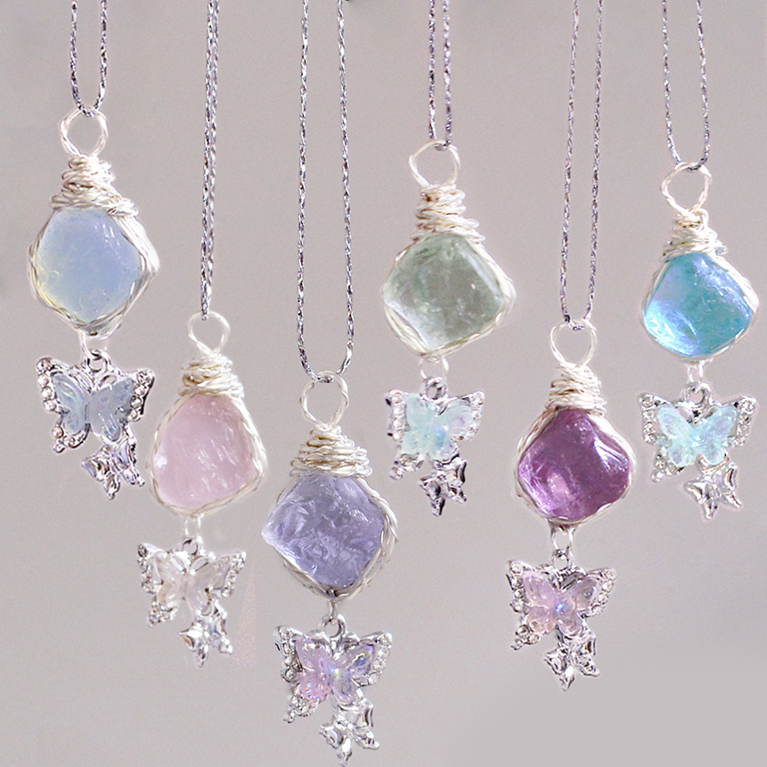 天然水晶原石macramea手作绕线吊坠项链蝴蝶原石项链女小众锁骨链