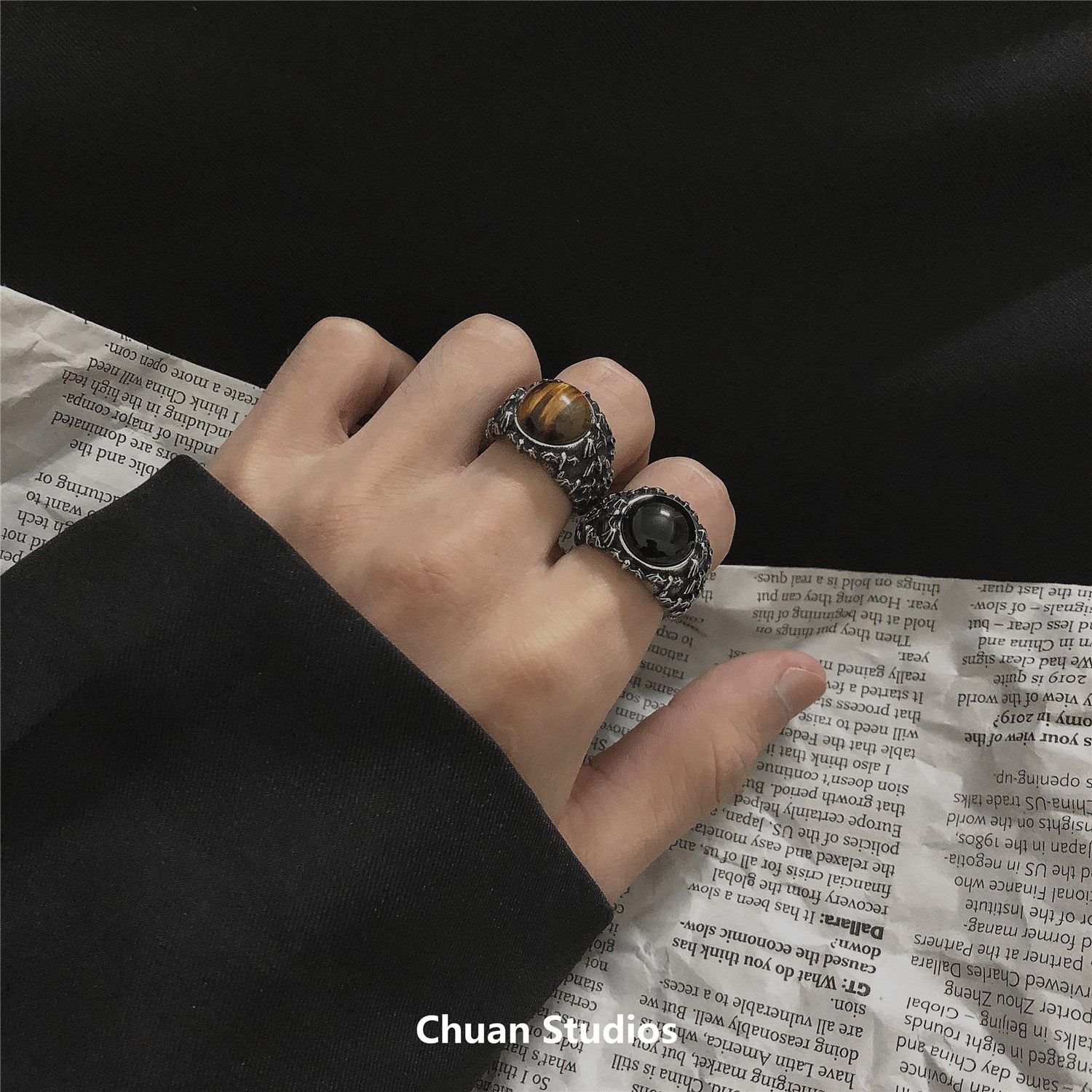 Chuan/欧美复古玛瑙戒指男街头嘻哈ins风圆宝石食指环女小众戒子