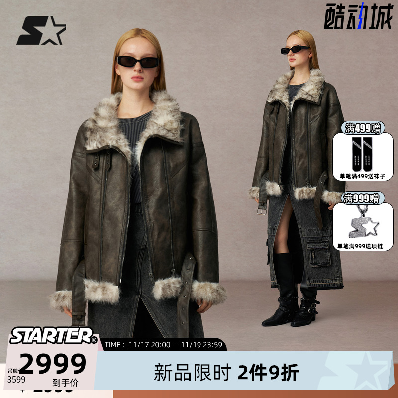 STARTER冬季复古情侣PU皮毛外套