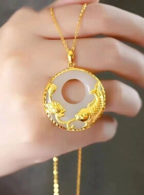 网红气质镀沙金锦鲤富贵花平安扣吊坠项链女年年有余莲花锁骨链女