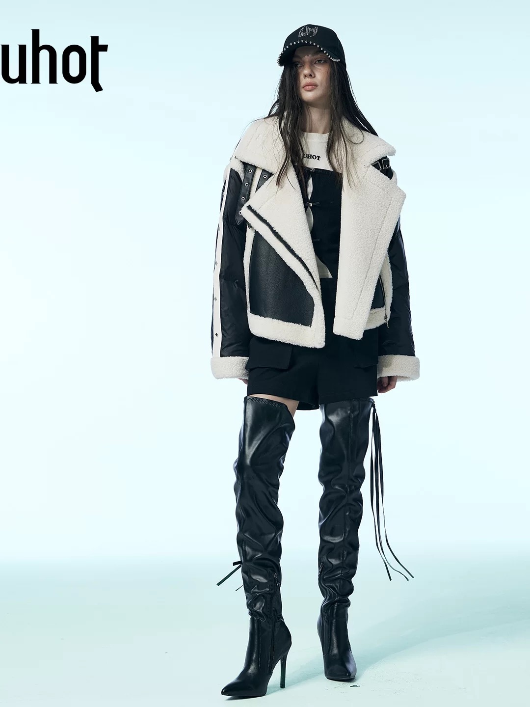 uhot/诱货黑白色环保皮毛一体外套女鹅绒上衣毛绒大翻领UWWW2W142