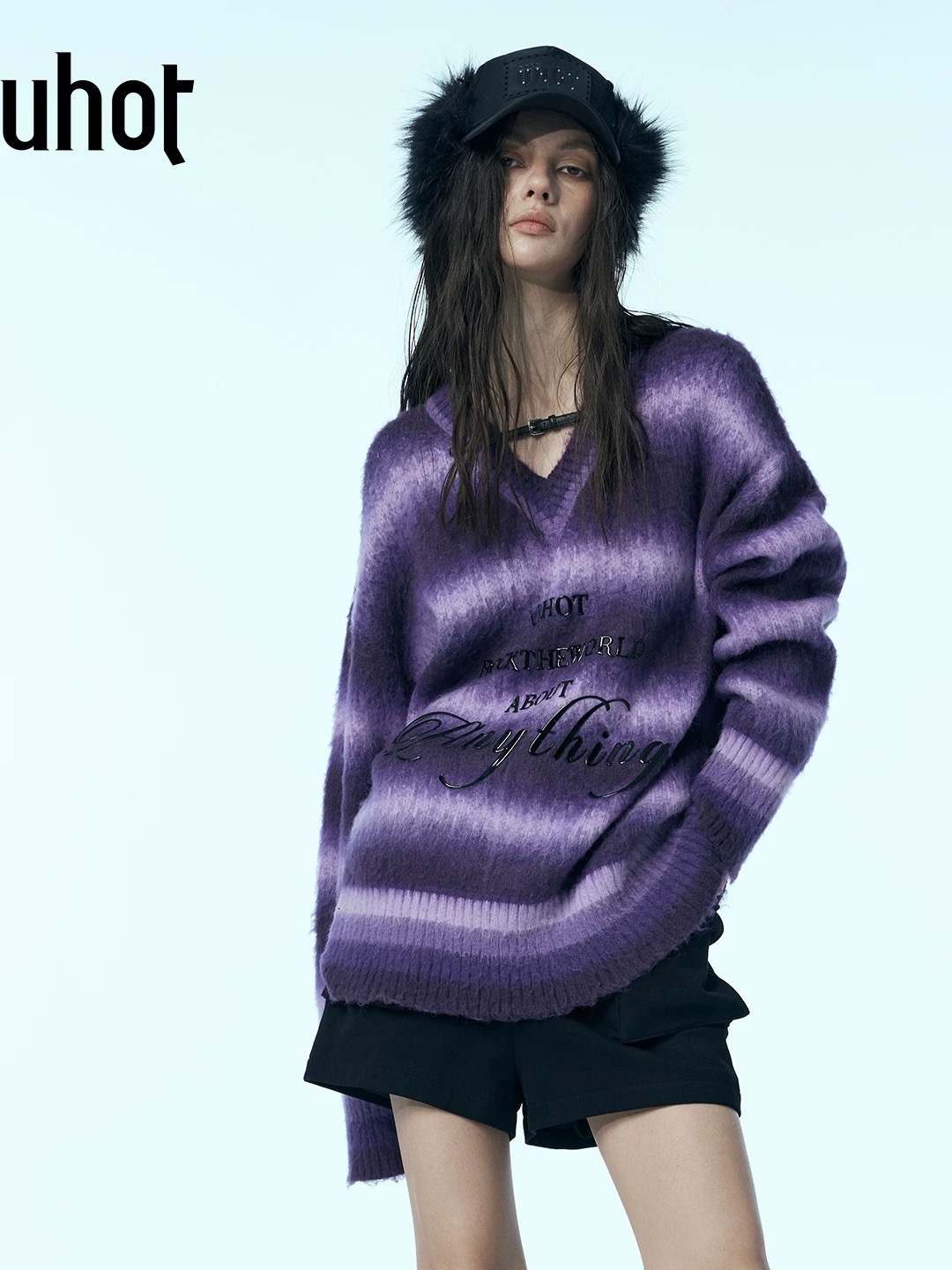 uhot/诱货紫色宽松条纹拼色针织衫女V领装饰扣随性慵懒 UWWW2Z202