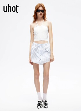 uhot/诱货26夏蓝白条纹A字拼接半身裙清新抽绳设计新款 UWLR1Q327