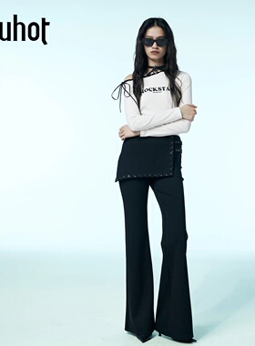 uhot/诱货黑色松弛感微喇裤子假两件A摆半裙屁帘长裤女 UWWA3K069