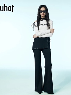 uhot/诱货黑色松弛感微喇裤子假两件A摆半裙屁帘长裤女 UWWA3K069