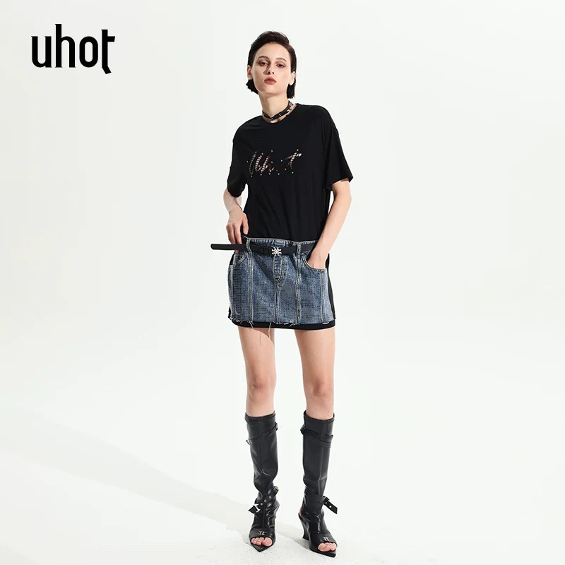 uhot/诱货针织拼接牛仔连衣裙时尚百搭2025夏季新款 UWWR1L177
