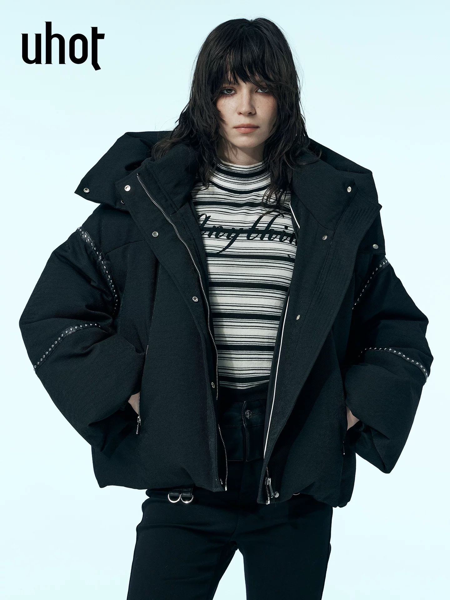 uhot/诱货黑色中长外套连帽防风鹅绒上衣外套保暖25新款UWWW3W215