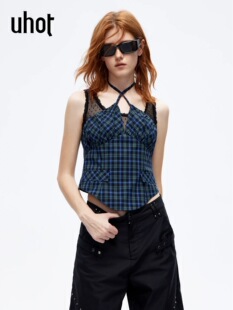 uhot 诱货26夏蓝绿格纹挂脖背心甜酷拼接波点蕾丝吊带女UWLR1N228