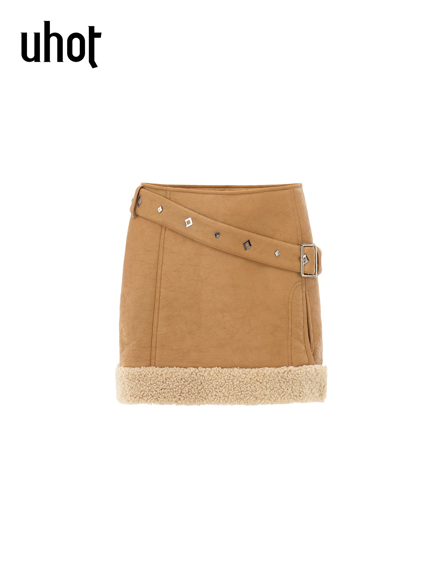 uhot/诱货杏色皮毛一体系带半裙短款A字金属铆钉装饰扣 UWWW3Q453