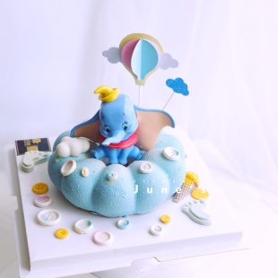 蓝色小飞象生日蛋糕装饰公仔摆件宝宝百日宴周岁主题甜品桌装扮品