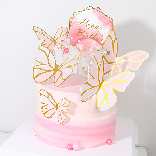清新唯美主题女神金边蝴蝶英文生日快乐女生女孩烘焙蛋糕装饰插牌