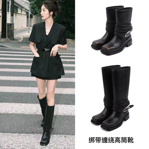 易梦玲同款方头粗跟西部牛仔靴女