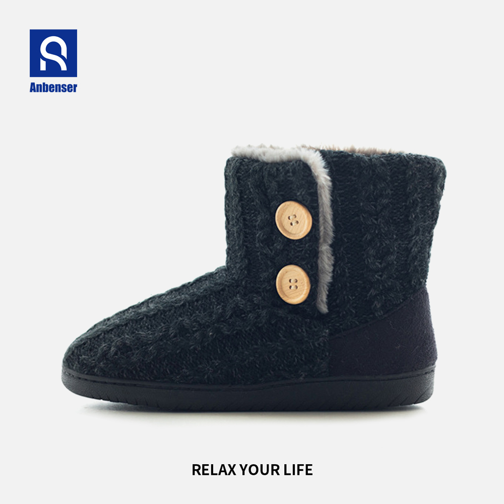 韩版双纽扣高包跟毛绒棉拖鞋