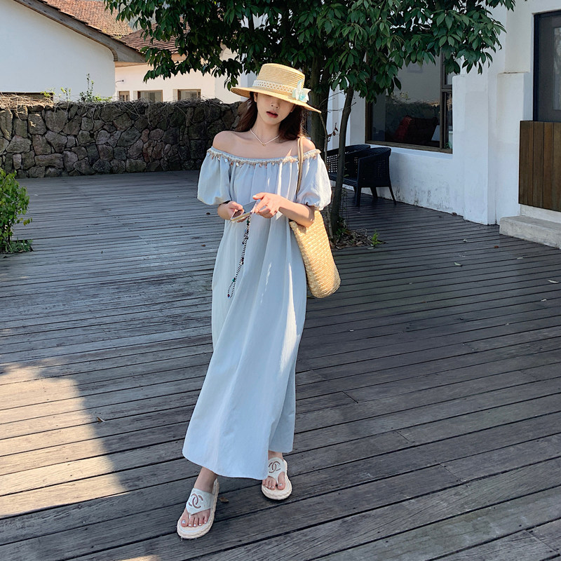 设计感蓝色泡泡袖宽松连衣裙女2025年夏季新款圆领温柔风气质长裙,女装连衣裙,浙宝128A