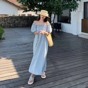 设计感蓝色泡泡袖宽松连衣裙女2025年夏季新款圆领温柔风气质长裙图片