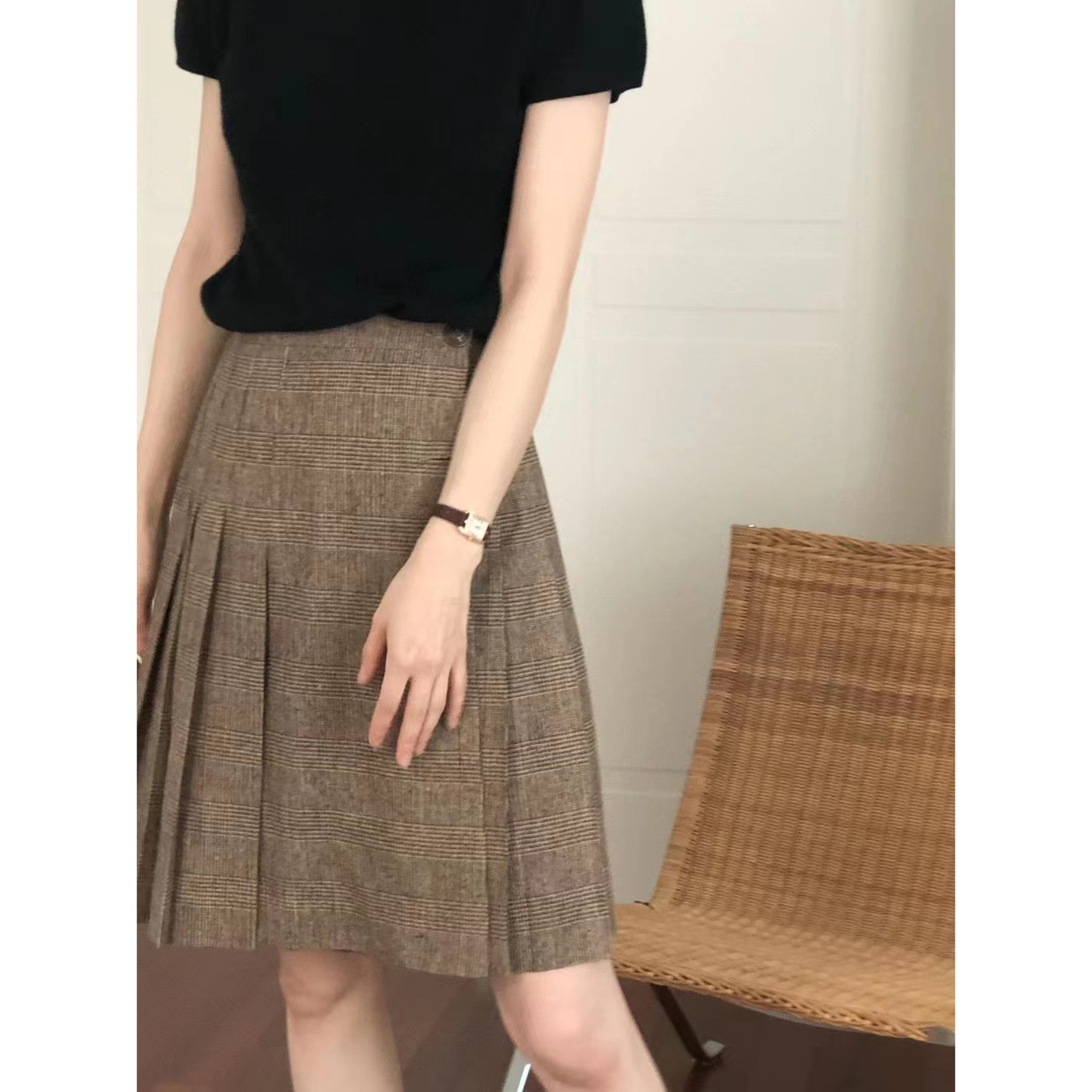 韩国ounce复古格纹百褶半身裙女