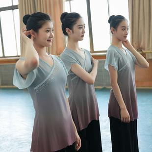 古典舞身韵纱衣基训女短袖水钻新款团服练功服上衣短款飘逸演出服
