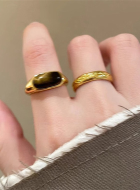 金色麦穗虎眼石开口戒指女s925纯银素圈食指戒小众设计高级感指环