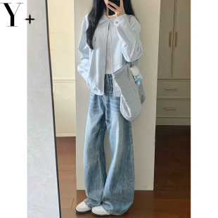 美式复古阔腿弯刀牛仔裤女2026超火爆款高腰宽松显瘦镰刀拖地裤子