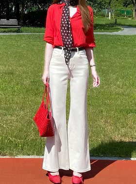 白色微喇牛仔裤女小个子喇叭裤子