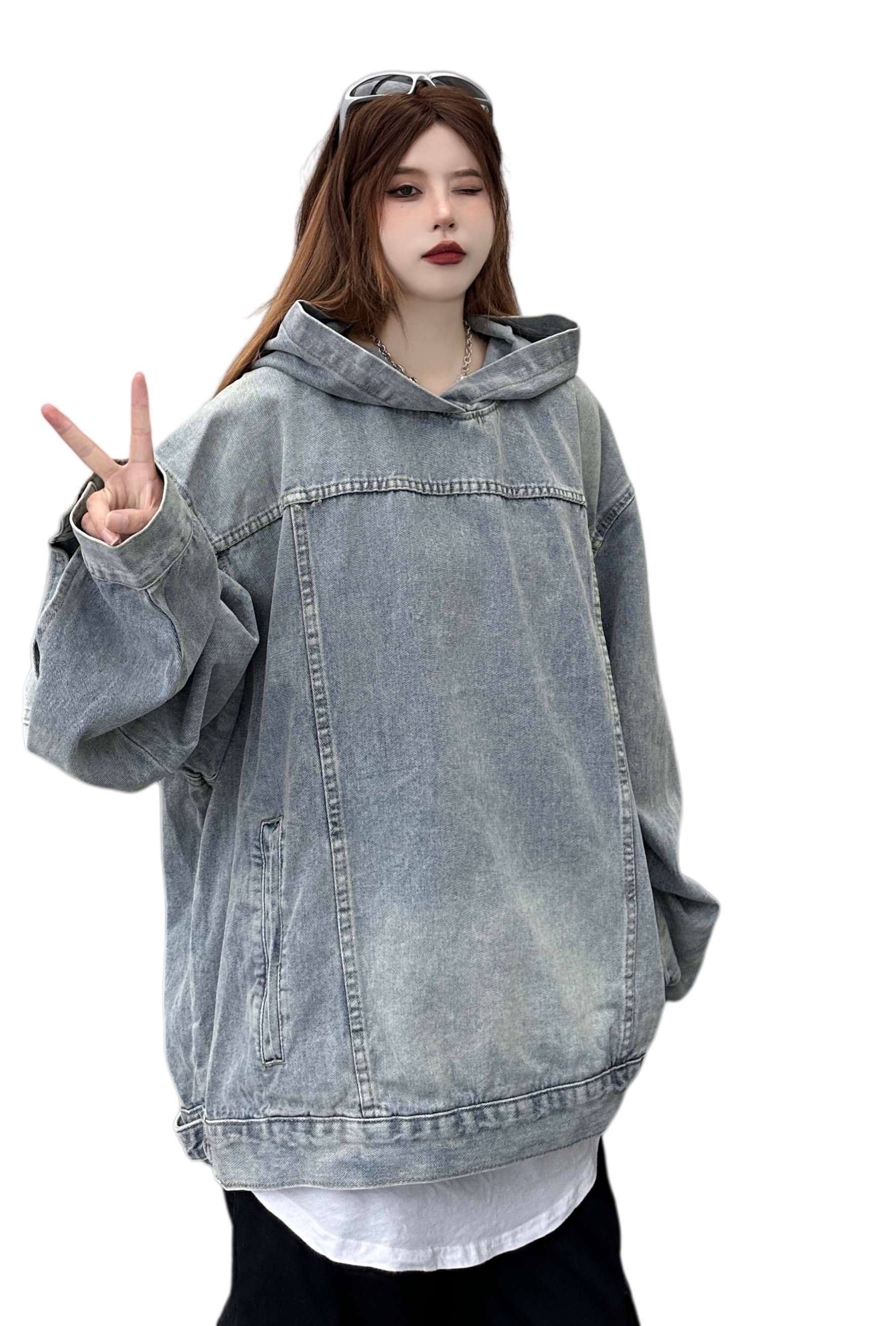 美式复古拼接水洗做旧牛仔连帽卫衣男女情侣潮牛仔卫衣外套,女装短外套,电商A306