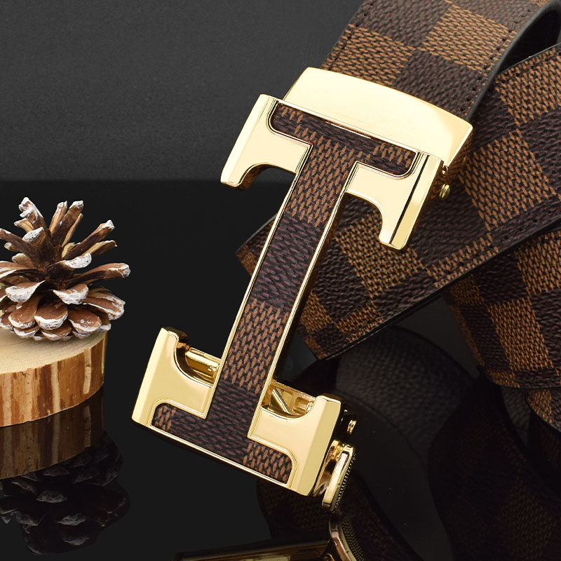 新款格纹皮带男士潮流奢侈品年轻人自动扣裤带青年休闲腰带男真皮