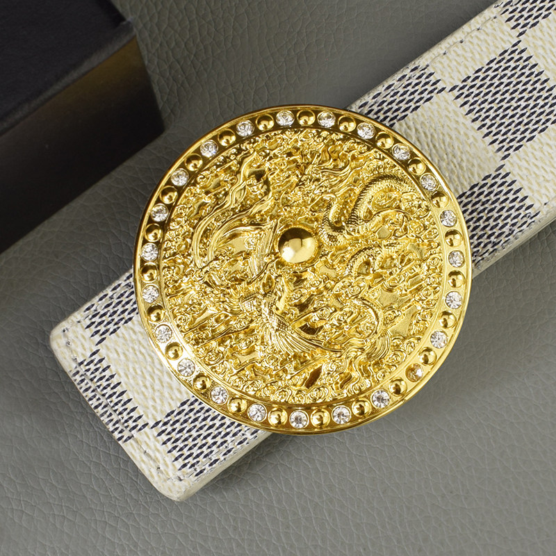 个性真皮皮带男士霸气龙头铜扣格纹腰带男潮流年轻人时尚青年裤带