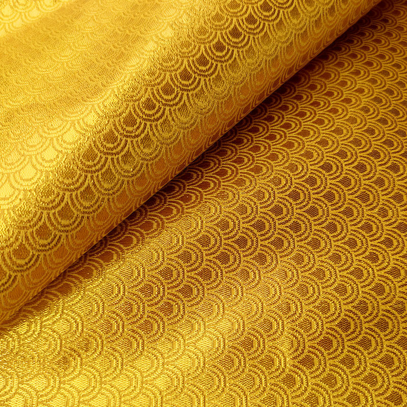 中国风传统复古金丝线提花金黄色凤尾图案凰鳞毛花云朵绸缎布料di