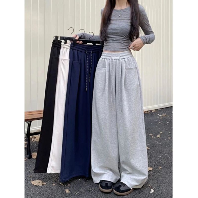 慵懒风白色阔腿裤宽松垂感休闲裤女装秋季高腰直筒裤拖地裤长裤子