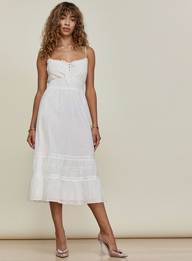 归己reformation法式连衣裙棉麻性感度假白色吊带裙子女