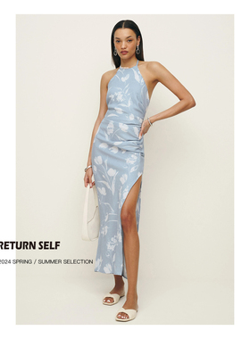RETURNSELF挂脖连衣裙reformation棉麻开叉海边度假风连衣裙长裙
