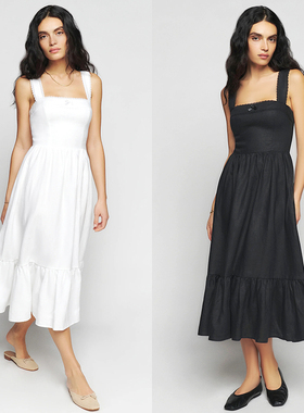 RETURN SELF新款reformation法式棉麻收腰宽肩带连衣裙长裙裙子女