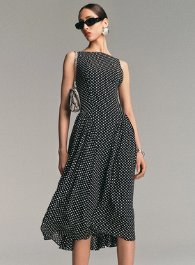 归己-新款reformation无袖黑色波点赫本风连衣裙收腰长裙显瘦女夏