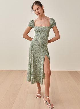 RETURN SELF\一字领短袖连衣裙法式复古风雪纺高腰开叉长裙女夏