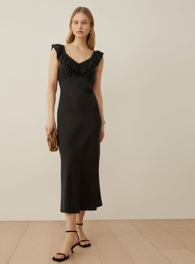 归己/reformation连衣裙夏季新款高腰无袖V领荷叶边黑色包臀长裙