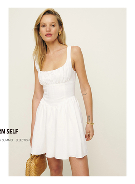 RETURNSELF法式reformation方领蝴蝶结装饰收腰棉麻白吊带连衣裙