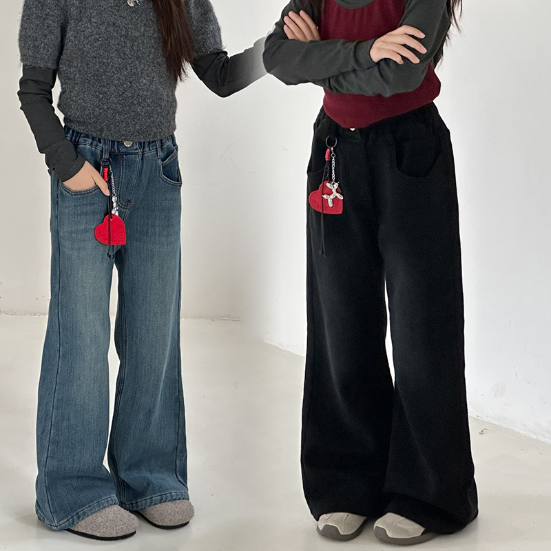 女童高腰一体绒牛仔裤时髦阔腿裤