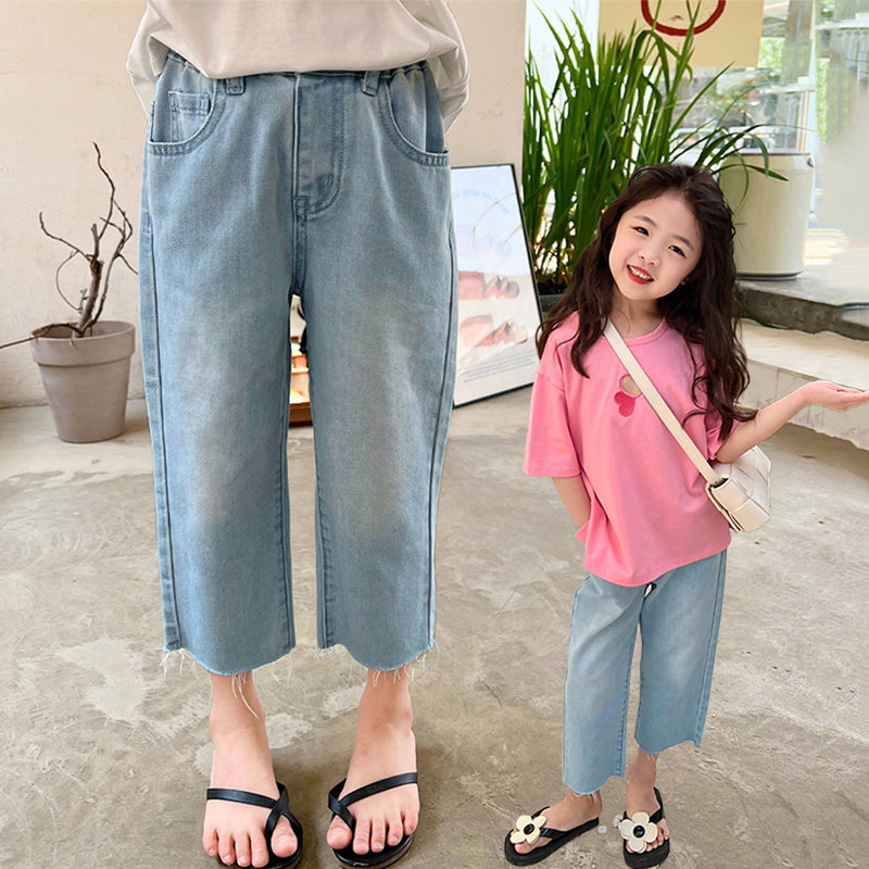 韩国九分宽松裤子2026夏季超薄女童牛仔裤洋气中大童天丝冰氧裤子