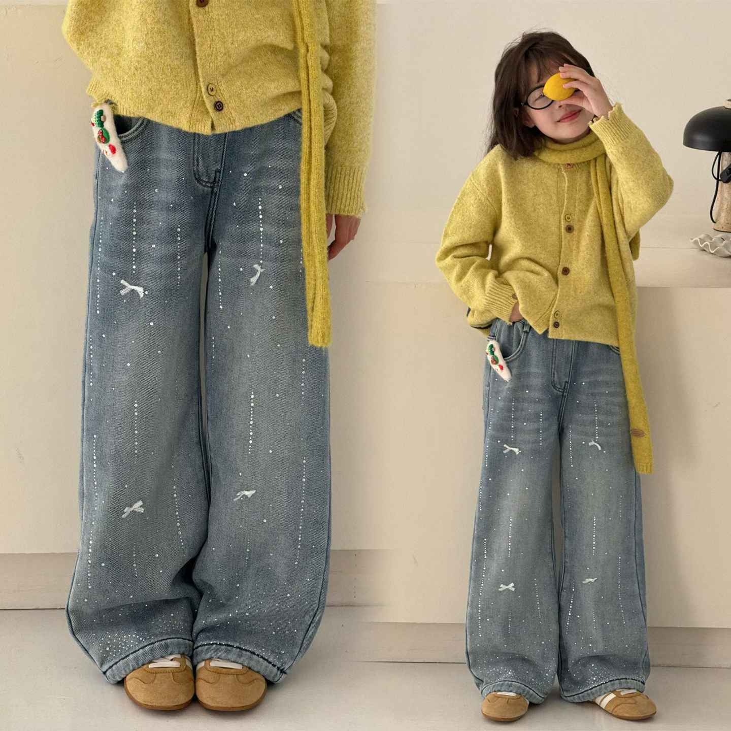 女大童一体绒加绒烫钻牛仔直筒裤