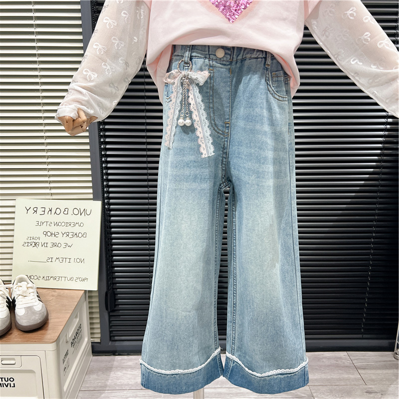 女童洋气薄款翻边直筒裤中大童九分裤2025夏季新款儿童时髦牛仔裤