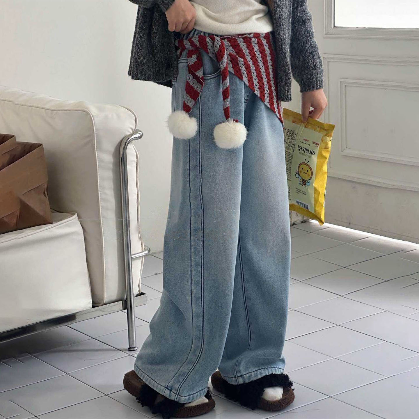 女童冬装屁帘牛仔裤加绒直筒裤