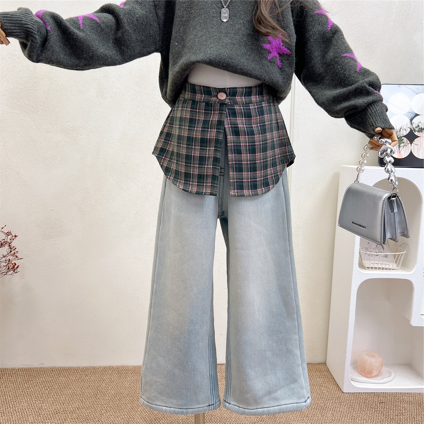 女童格子腰帘直筒牛仔裤子
