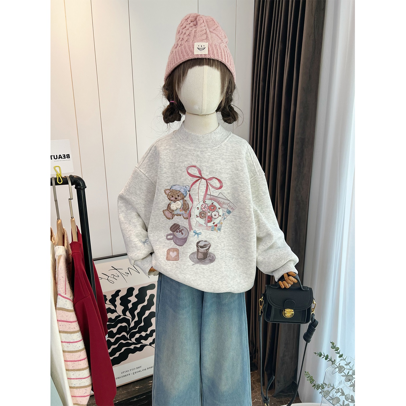 女童加厚卡通一体绒卫衣中大童圆领长袖上衣冬宽松休闲内搭打底衫