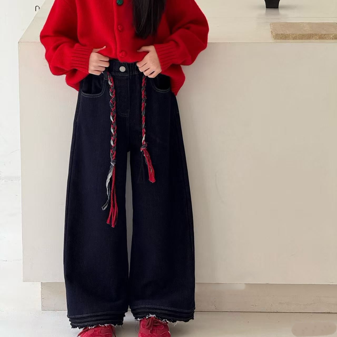 女童花边直筒牛仔裤加绒秋冬宽松