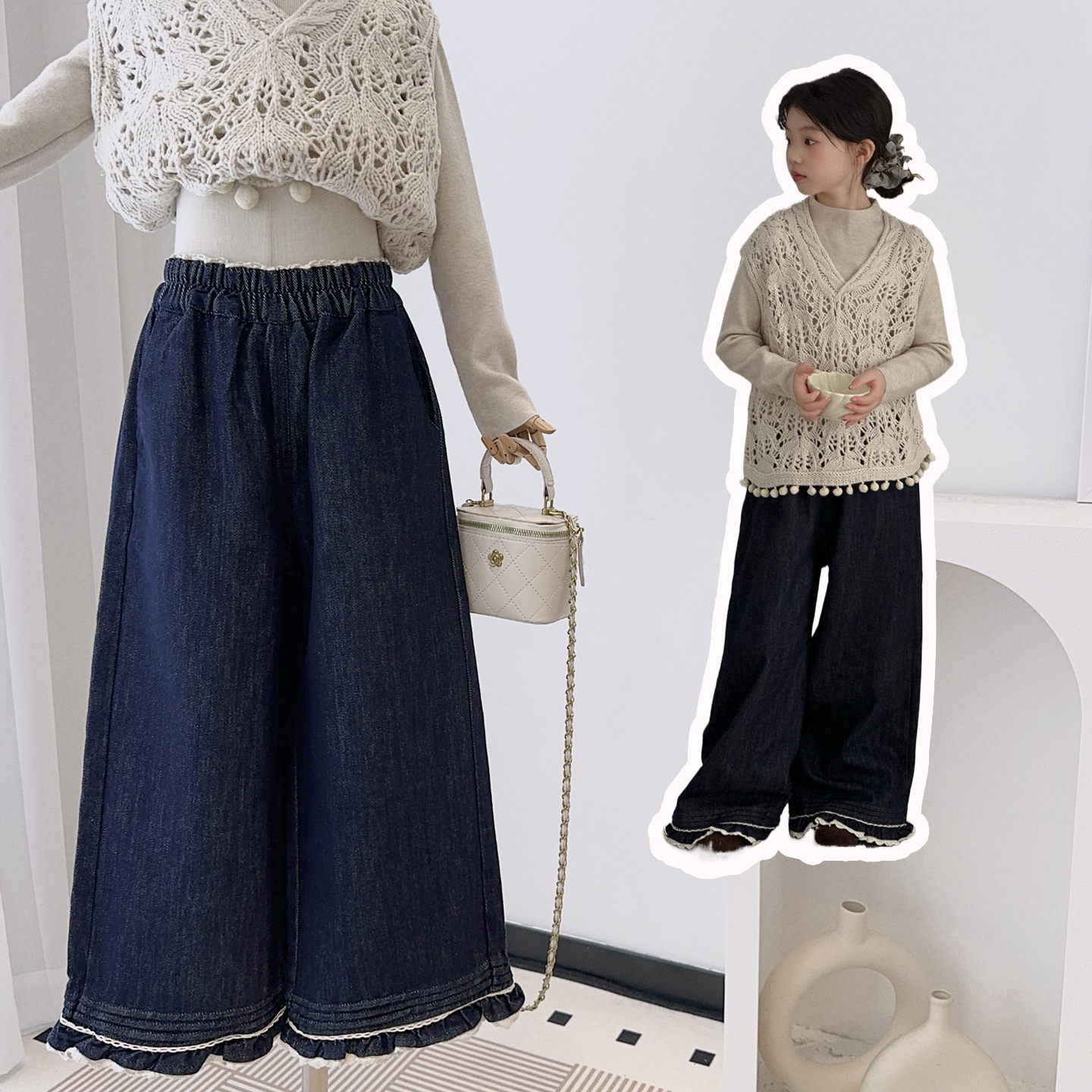 女童甜美花边直筒牛仔裤九分裤