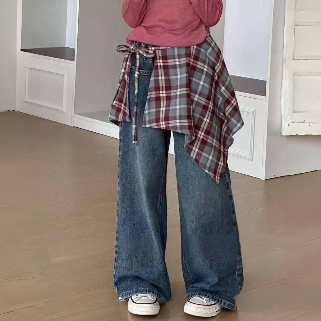 女童牛仔裤秋带裙帘直筒儿童