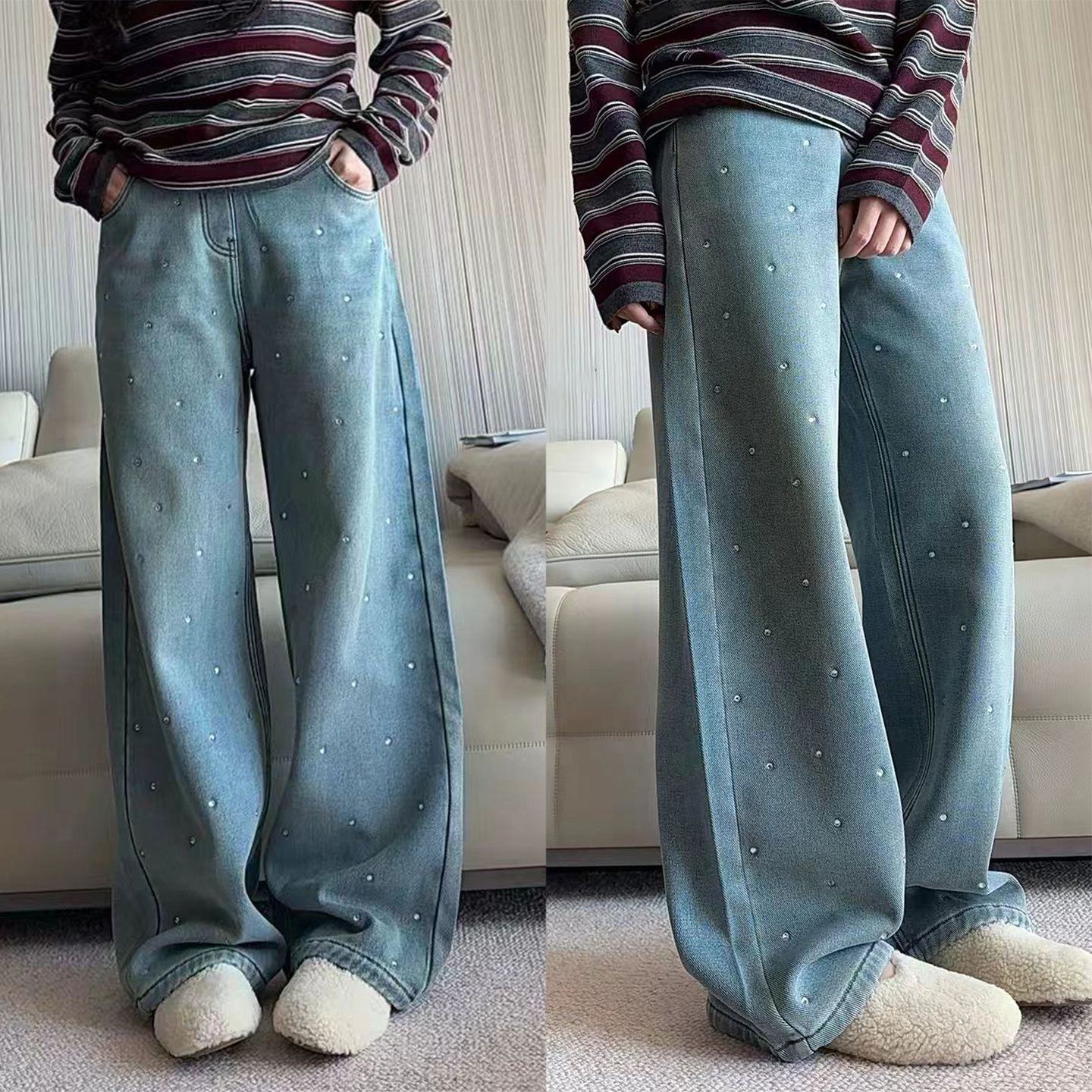 女中大童一体加绒烫钻直筒牛仔裤