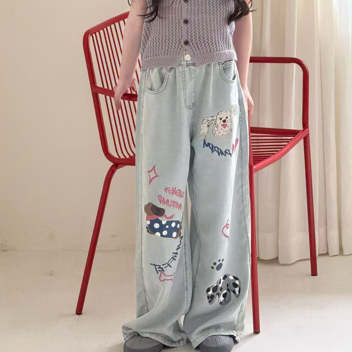 儿童卡通天丝牛仔裤女童薄款直筒裤中大童时髦阔腿裤2025夏季新款